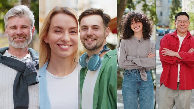 Collage of happy people men women portraits diverse gender and ages smiling friendly, glad expression looking at camera, resting, relaxation feel satisfied of good news outdoors on urban city street