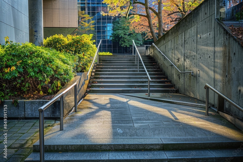 Poster a set of stairs leading up to a building, suitable for use in real estate or architecture images