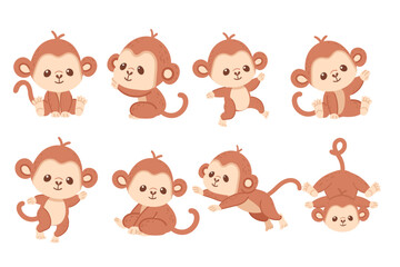 Set of cute small monkey cartoon animal design vector illustration isolated on white background