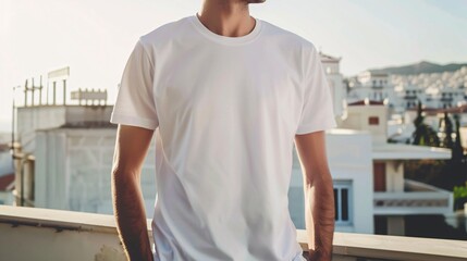 Young Model Shirt Mockup, man wearing white t-shirt in front of Greek architecture, Mediterranean Southern Europe, Shirt Mockup Template on hipster adult for design print, Male guy wearing casual t-sh