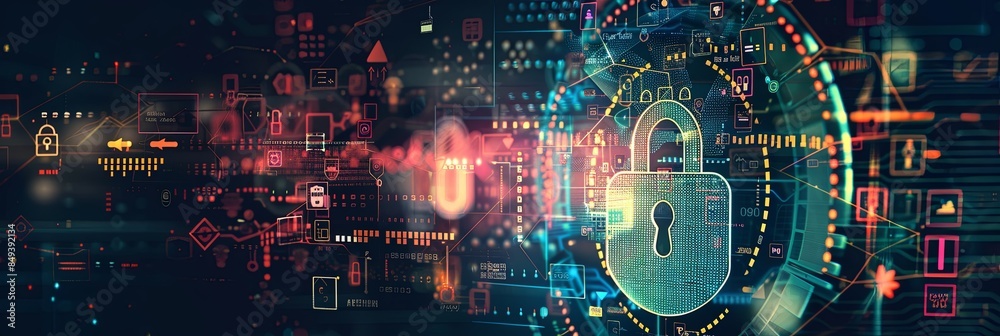 Aufkleber An abstract depiction of digital locks, shields, and network nodes, all secured by advanced AI algorithms in a futuristic, sophisticated design. Generative AI
