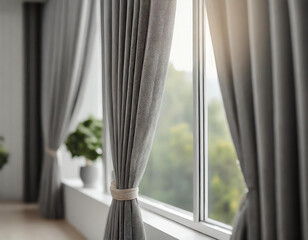 Szare nowoczesne zasłony przy oknie