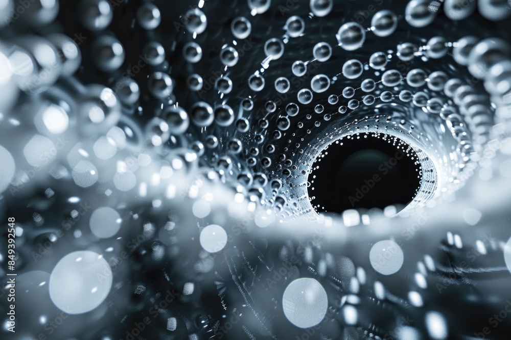 Poster a close-up shot of bubbles emerging from a tube, with a grayscale color scheme