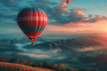 Fototapeta premium A colorful hot air balloon floating above a rural landscape