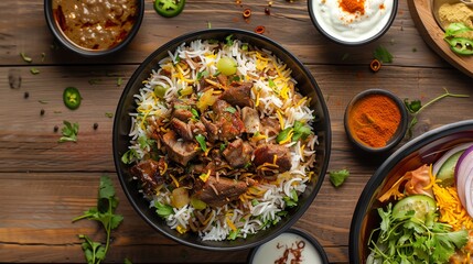 A topdown view of a bowl of Mutton Biryani