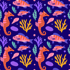 Seamless vector pattern with underwater sea and ocean animals, fishes, corals, seaweed, algae, seahorse, plants colorful cartoon illustration for wrapping paper decoration in funky groovy style