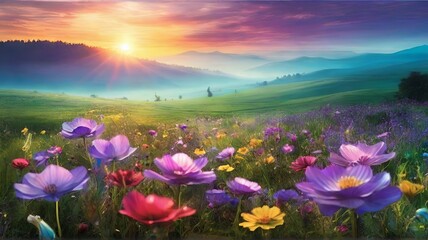 Fototapeta premium A beautiful sunrise over a valley filled with wildflowers. The mist and fog create a magical and ethereal atmosphere