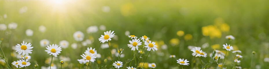 A close-up image of white daisies blooming in a field of green grass with a bright sun shining in the background