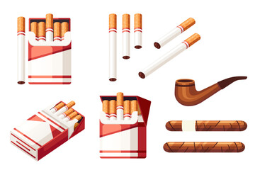 Set of Cigarette in cardboard box with wooden smoking pipe and cigar vector illustration isolated on white background