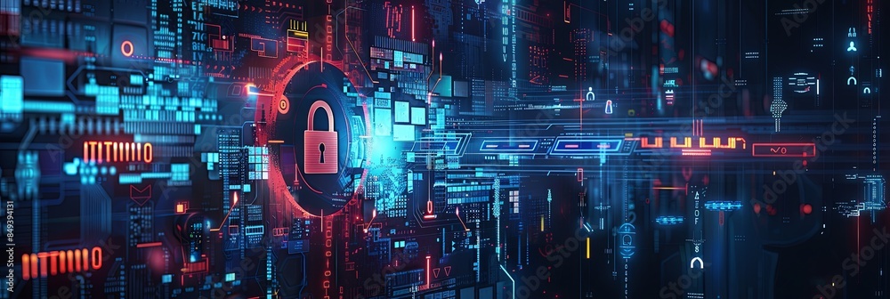 Aufkleber An abstract representation of cybersecurity elements, including digital locks, shields, and network nodes, safeguarded by AI algorithms. Generative AI