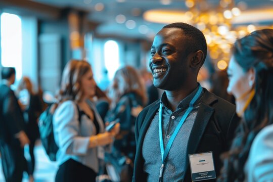 A group of multicultural business people at an event smiling and interacting with each other