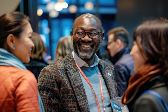 A group of multicultural business people at an event smiling and interacting with each other