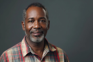 Portrait of Cheerful Mid-Aged African American Man in Plaid Shirt