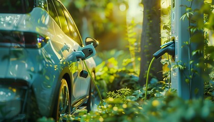 Blurred background of nature with an electric car plugged into a charging station promoting ecofriendly alternative energy Concept Nature Electric Car Charging Station EcoFriendly,

