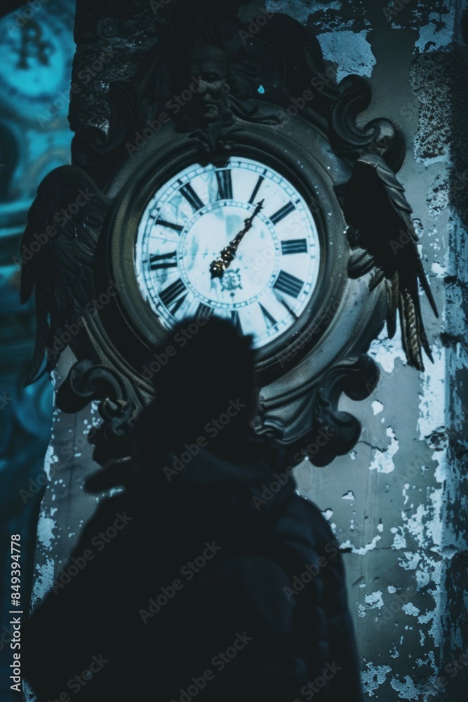 Poster a person stands in front of an old-fashioned clock