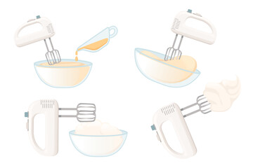 Set of electric mixer with dough bowl baking kitchenware vector illustration isolated on white background