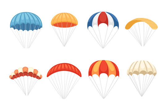 Set of simple colorful cartoon parachute vector illustration isolated on white background