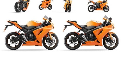 views of an orange motorcycle on a white background. The motorcycle is designed with a sleek, aerodynamic body and black accents.
