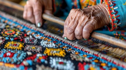 Bulgarian woman crafting martenitsi at festival  close up of hands weaving traditional spring tokens