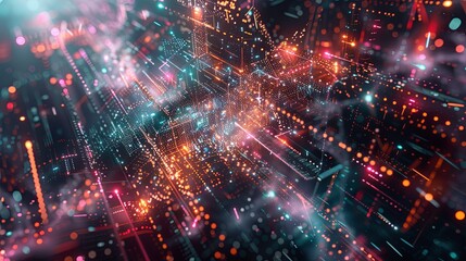 An abstract digital illustration depicting massive information streams, complex graphs, and digital interfaces representing AI data processing. Generative AI