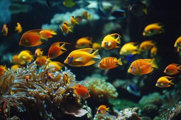 Naklejka premium Vibrant Coral Reef: Colorful Tropical Fish and Exotic Underwater Life in Clear Ocean Waters - Snorkeling and Scuba Diving Adventure in a Diverse Marine Ecosystem