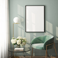 Frame mockup, ISO A paper size. Living room wall poster mockup. Interior mockup with house background. Modern interior design. 3D render
