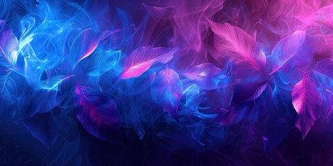 Obraz premium A dreamlike depiction of leaves in shades of blue and pink, swirling in a mystical, smoky environment, combining nature with an ethereal quality.