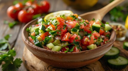A vibrant and colorful Israeli salad made with chopped cucumbers