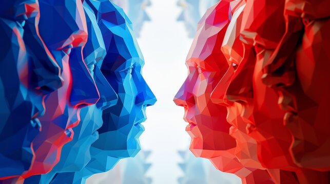 A 3D illustration depicts cultural and social divides, ideological battles, racism, and the clash between conservative and liberal politics, highlighting community psychology.