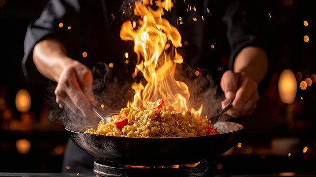 Thai chef showcasing culinary expertise by preparing traditional dish at colorful festival