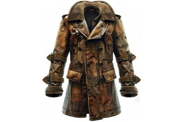 A close-up of a leather coat with a hood on a white background, suitable for fashion or accessory photoshoots