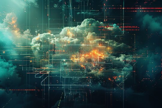 Abstract illustration of cloud computing, with interconnected lines and digital elements symbolizing data processing and AI operations in the cloud. Generative AI