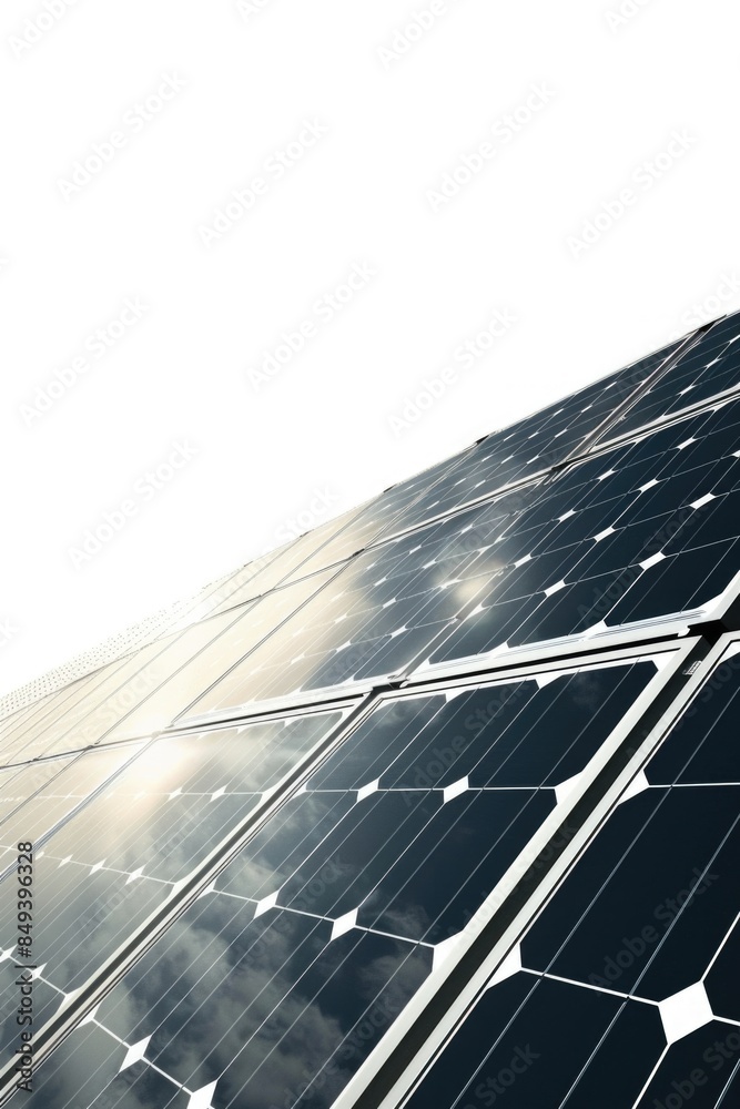 Poster Close-up shot of a solar panel with cloudy sky in the background, suitable for use in science or technology-related contexts