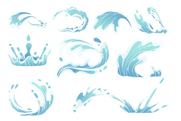 Fototapeta premium Set of blue water splash magical effect for games water flow vector illustration isolated on white background