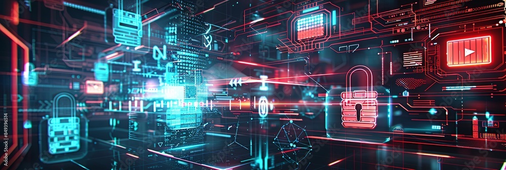 Aufkleber A digital abstract showcasing cybersecurity elements like locks, shields, and network nodes secured by advanced AI algorithms. Generative AI