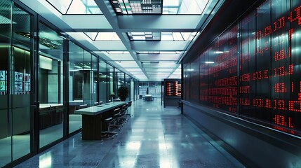 Modern office displaying dynamic stock market ticker