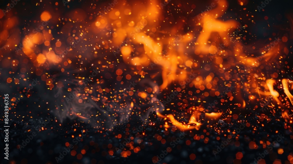 Poster a close-up shot of flames on a dark background, ideal for use in scenes requiring dramatic lighting 