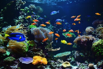 Obraz premium Vibrant Coral Reef: Colorful Tropical Fish and Exotic Underwater Life in Clear Ocean Waters - Snorkeling and Scuba Diving Adventure in a Diverse Marine Ecosystem