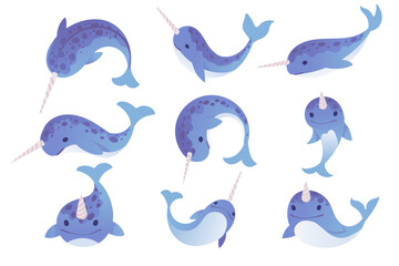 Set of cute narwhal mammal arctic animal with horn cartoon animal design vector illustration isolated on white background