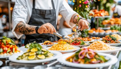 Thai chef s hands crafting traditional dish at festival, showcasing culinary expertise