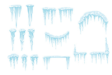 Set of Blue and white Icicles spiked sharp ice vector illustration isolated on white background