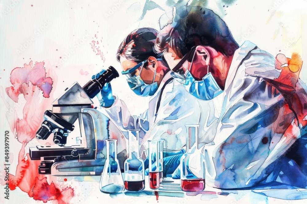 Poster two scientists in lab coats examine microscopic samples under a microscope, a common scene in scient