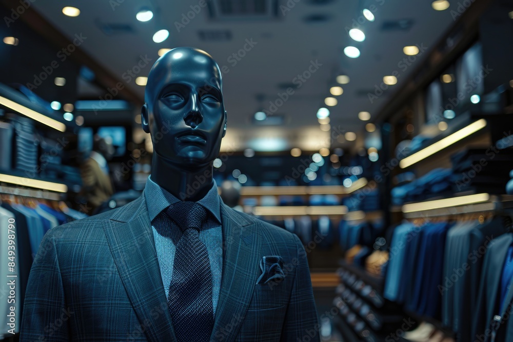 Poster a mannequin dressed in a suit and tie in a store setting