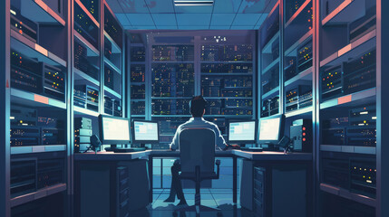 flat illustration, vintage postcard, System Administrator Day, office employee working at a computer, back view, night overtime