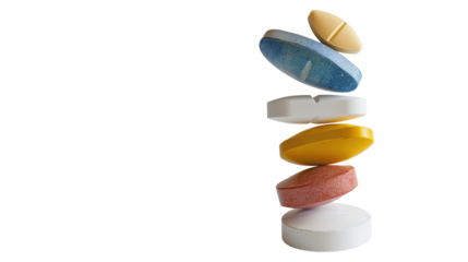 Medicine pills balancing on top of each other on a transparent background