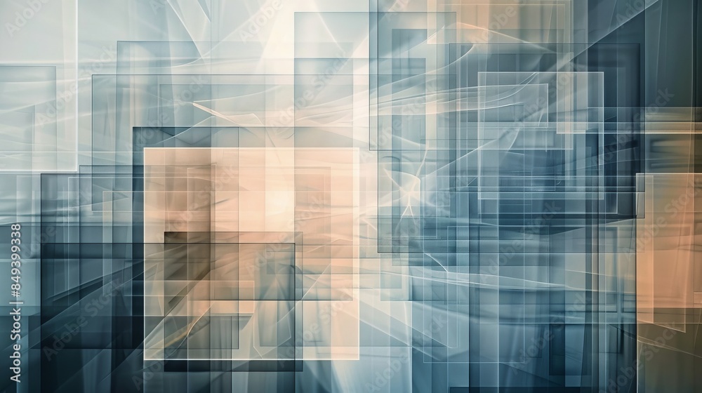 Poster design an abstract background using layered, transparent rectangles in muted tones for a sophisticat