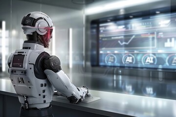 Humanoid robot at a control panel in a data center, highlighting the integration of AI in data management