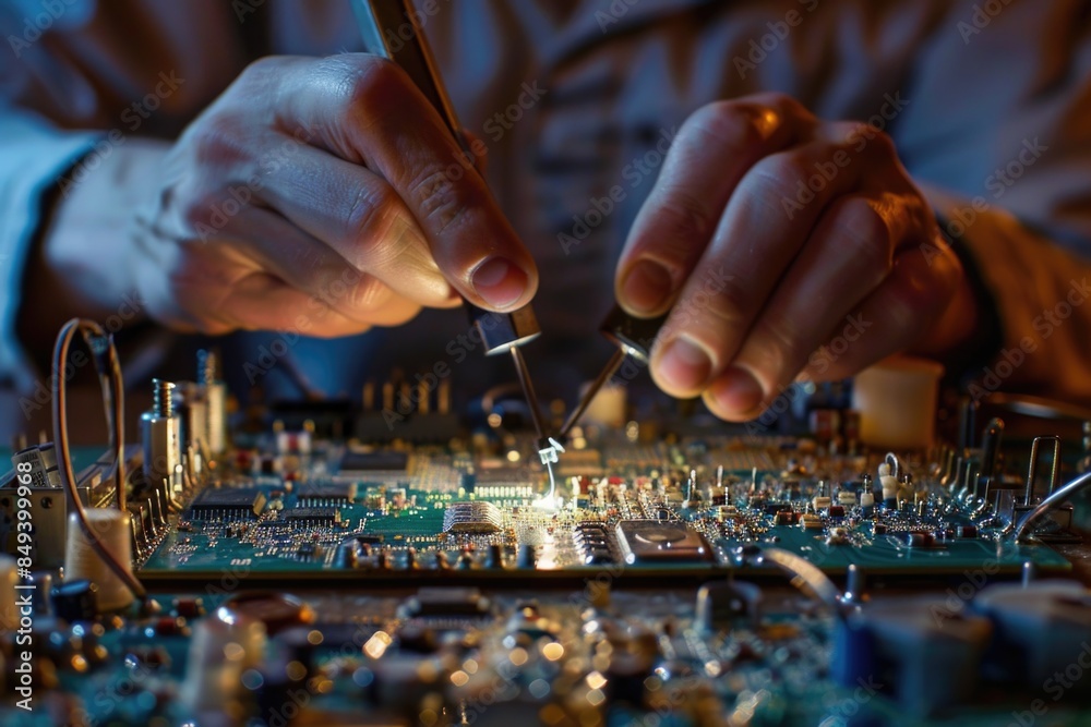 Poster A close-up shot of an individual working on a circuit board, with various electronic components and tools in the background