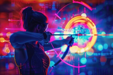 A woman holds a bow and aims at a target in a outdoor setting