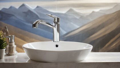 Fototapeta premium White Sink With Chrome Faucet